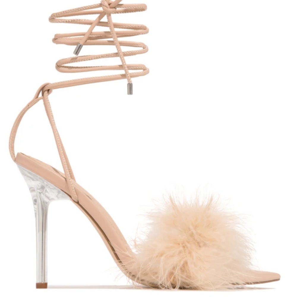 New Nude lace tie up pointy open toe wrap up heels feather accent